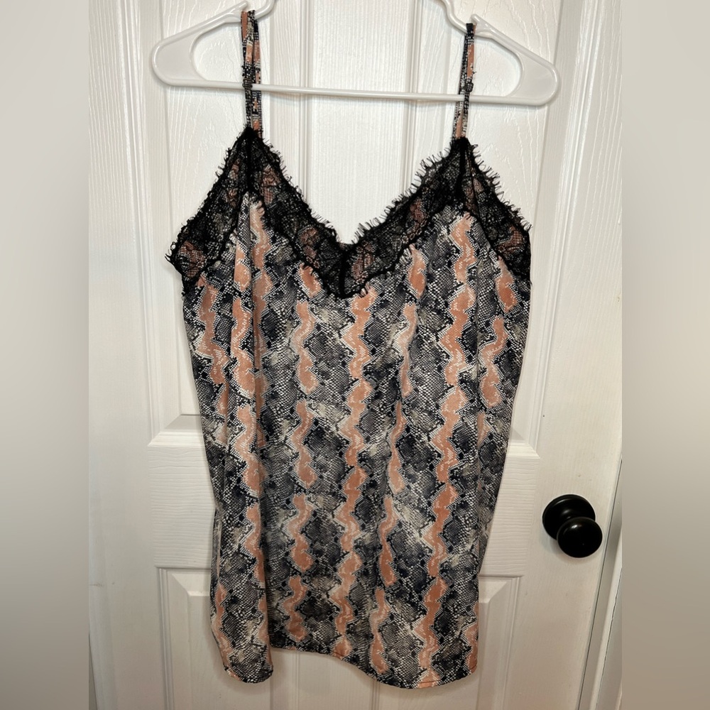 GeeGee’s top, size 2XL. 100% polyester. Pink/black snakeskin design
